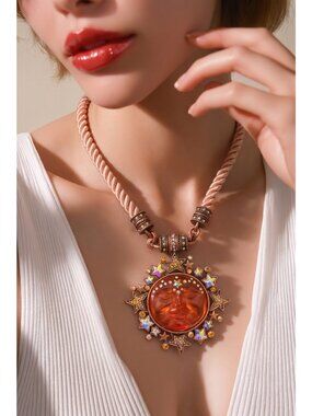 Kirk Folly Vintage Sun & Star Pendant Necklace With Orange Glass Center & Rhines